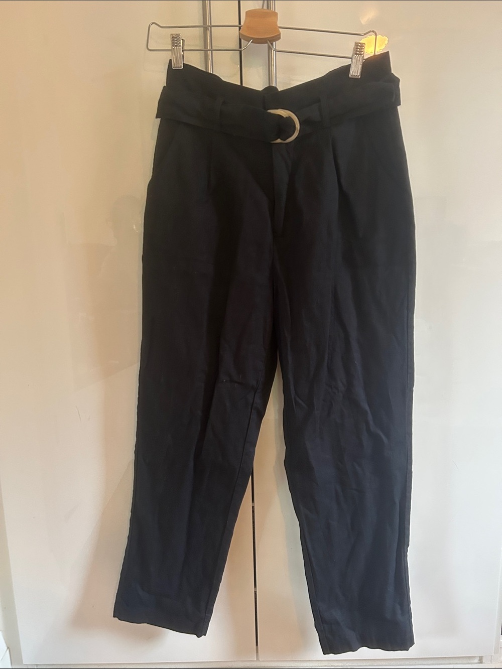 Saks 5th Avenue High-Waist Black Paperbag Linen Trousers with D-Ring Belt